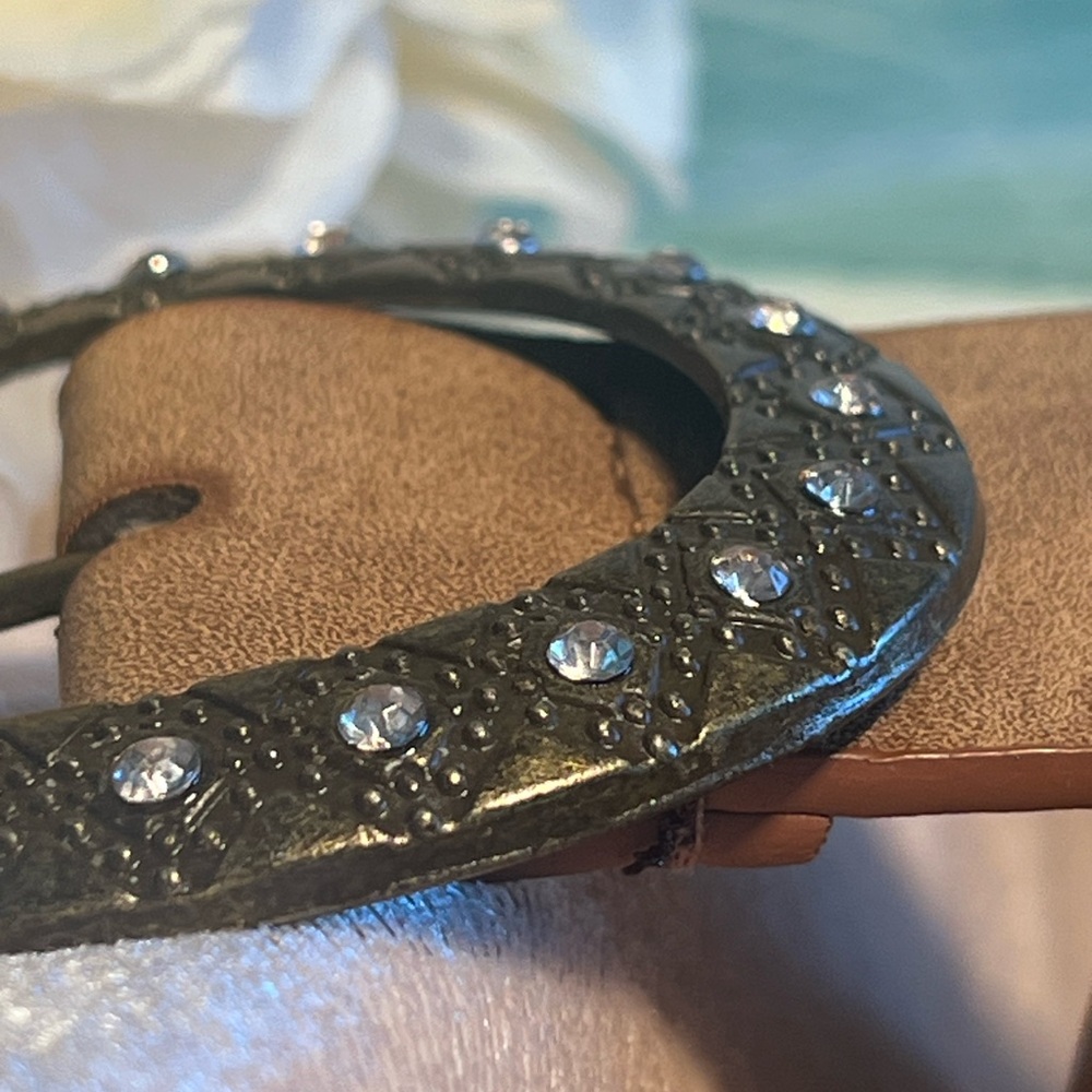 Chic Tan Perforated Belt with Rhinestones on Buckle - Picture 11 of 16